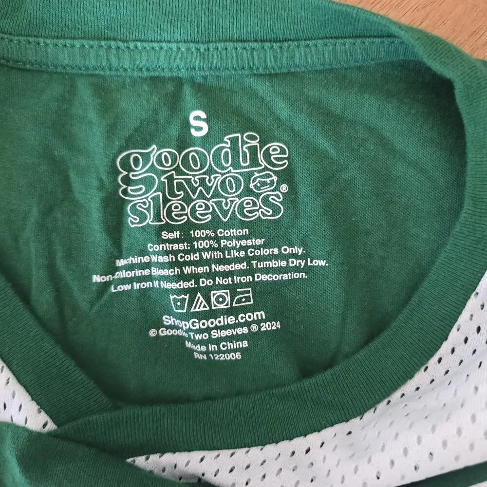 Goodie Two Sleeves mesh striped jersey top green white women's size S - Picture 4 of 4